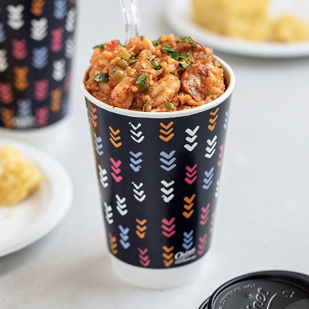 Crawfish jambalaya served in a Chinet Comfort cup